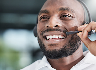 Image showing Call center, black man and happy consultant in office or speaking in workplace for customer service, crm or communication. Businessman, talking and contact us for support, advice or help desk