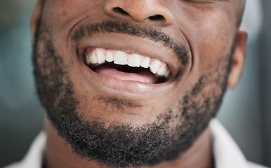 Image showing Teeth, mouth and happy black man or businessman with a dental smile in startup company after treatment in an office. Clean, African and face of businessman or employee with dentist oral health