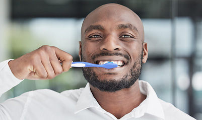 Image showing Black man, portrait and brushing teeth with toothbrush, dental and health, hygiene and grooming. African male person, face and toothpaste with oral care, orthodontics and routine with fresh breath
