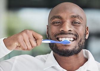 Image showing Black man, face and brushing teeth with toothbrush, dental and health, hygiene and grooming. African male person, portrait and toothpaste with oral care, orthodontics and routine with fresh breath