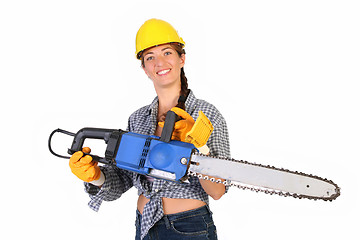 Image showing Beauty woman with chainsaw