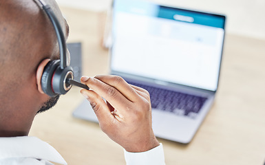 Image showing Back of man, call center and communication on laptop for CRM questions, telemarketing and customer service. Sales consultant, help desk or lead generation on microphone at computer for FAQ support