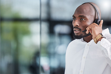Image showing Black man, call center and thinking of solution for customer service, advisory help and FAQ questions. Serious salesman working in CRM agency for telecom consulting, tech support and communication