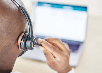 Image showing Man, consultant and laptop for call center communication, headphones and online customer services or IT support. Back of person or agent on computer screen for virtual help and information technology