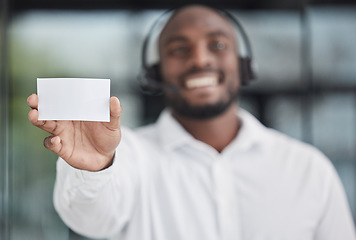 Image showing Mockup, business card or salesman advertising space, branding news or information about us. Closeup of call center agent show paper note of promotion, contact to sign up or telemarketing announcement