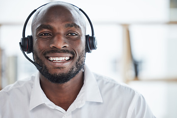 Image showing Happy, portrait and black man in a call center office or workplace with consultant in customer service, crm or communication. Businessman face, talking and contact us for support, advice or help desk