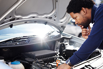 Image showing Black man, car breakdown and confused with engine problem in road with doubt, auto repair service insurance and travel. Motor crisis, transport and frustrated driver on street checking under hood.