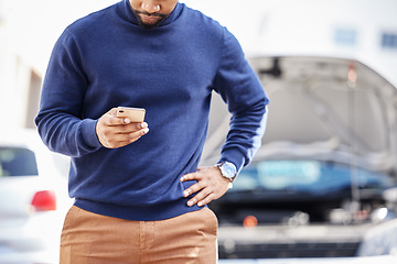 Image showing Black man, car breakdown and typing on phone at roadside with stress, auto insurance and travel. Motor problem, transport and frustrated driver on road checking website for repair service in crisis.