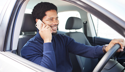 Image showing African driver man, phone call and smile with thinking, contact and ideas on travel, transportation or street. Person, chauffeur and smartphone with car for journey, driving and road trip adventure