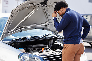 Image showing Black man, car breakdown and confused at roadside with stress, in need of auto repair service insurance and travel. Motor problem, transport and frustrated driver on road checking engine in crisis.