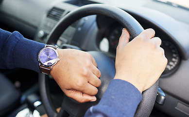 Image showing Hands, steering wheel and check watch for driver, travel schedule or traffic on street. Person, chauffeur or transport employee with clock, time or vehicle for journey, service or road trip adventure