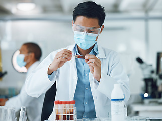 Image showing Exam, blood sample and scientist doing research with face mask in a laboratory for medical analysis in a lab. Science, medicine and professional Asian man working on test of DNA in a vial tube