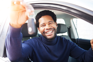 Image showing Man, new car and window with keys, portrait and excited smile for drive, travel and transportation on street. Happy African guy, freedom and transport in vehicle on journey, road trip and adventure