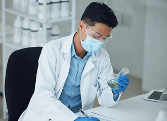 Image showing Science, laboratory and man with chemical for doctor research and study in clinic. Lab notes, liquid analysis and healthcare professional with innovation and solution for virus test of scientist