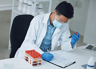 Image showing Report, blood sample or scientist writing research for medical analysis or medicine development. Face mask, checklist or researcher studying science paper or test results of DNA or virus in vial tube