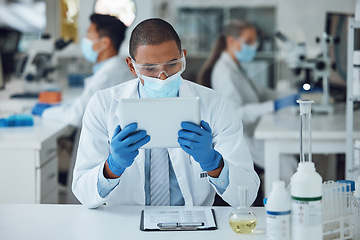 Image showing Man, tablet and face mask in science laboratory for medical virus research, medicine and vaccine development. African scientist, person and technology for DNA healthcare and genetic disease control