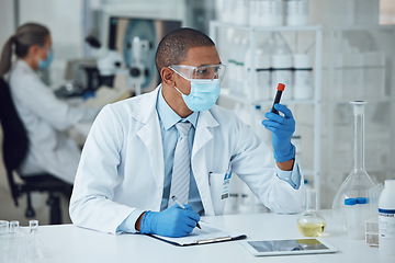 Image showing Science, laboratory and man with blood work for doctor research and study in clinic. Lab, analysis and healthcare professional with innovation and dna investigation for hospital test of scientist