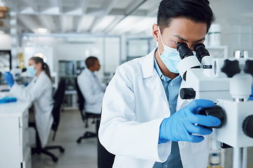 Image showing Microscope, scientist and asian man working in laboratory to review virus research, medical test and biotechnology. Science, microbiology and investigation of innovation, dna analysis and experiment