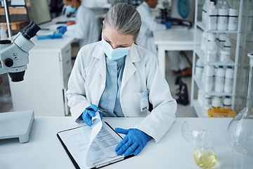 Image showing Senior woman, scientist and lab writing for research and notes for medical analysis. Info, investigation and laboratory documents for covid and healthcare report with paperwork and data planning