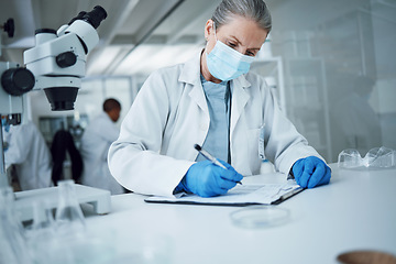 Image showing Senior woman, science and lab writing for research and notes for medical analysis. Scientist, investigation and laboratory documents for doctor and healthcare report with paperwork and data planning