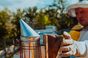 Image showing The beekeeper using smoke to calm the bees and begins to inspect the honey