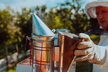 Image showing The beekeeper using smoke to calm the bees and begins to inspect the honey