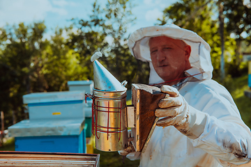 Image showing The beekeeper using smoke to calm the bees and begins to inspect the honey