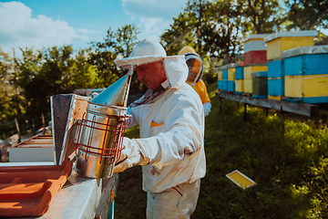 Image showing Beekeepers check the honey on the hive frame in the field. Beekeepers check honey quality and honey parasites. A beekeeper works with bees and beehives in an apiary.