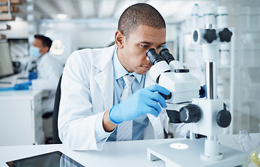 Image showing Microscope, science and man in laboratory to check virus research, review medical test and biotechnology. Scientist, microbiology and planning chemistry assessment, investigation and dna innovation