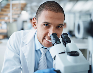 Image showing Microscope, happy man and portrait of laboratory scientist working on healthcare research, forensic investigation or project. Science, face smile or person work on hospital analysis, studying or exam