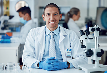 Image showing Science portrait, happy man and laboratory scientist working on healthcare research, medical development or project. Science career, job happiness and hospital person work on biotechnology study