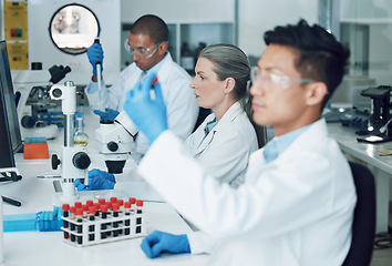 Image showing Science, laboratory and team with blood work for doctor research and study in clinic. Lab, analysis and healthcare professional with innovation and investigation for covid test of dna scientist