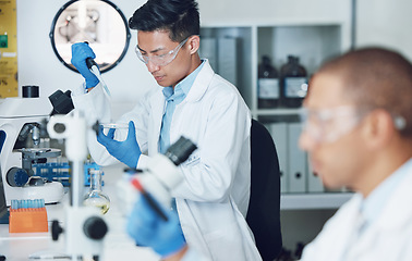 Image showing Science laboratory, pipette and scientist people working on healthcare research, medical investigation or pharmaceutical. Lab sample, DNA analysis and team work on hospital experiment, test or exam