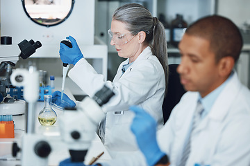 Image showing Laboratory research, pipette and scientist team working on biotechnology, chemistry investigation or pharmaceutical. Lab sample, vaccine analysis and people work on scientist experiment, test or exam