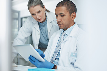 Image showing Scientist woman, tablet or teamwork in science laboratory for medical research, medicine or collaboration development. Mature mentor, man and technology for DNA healthcare help in genetic engineering