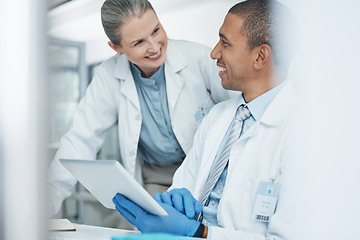 Image showing Scientist people, tablet or teamwork in science laboratory for medical research, training or medicine collaboration. Happy mature woman, mentor or technology in healthcare help or genetic engineering