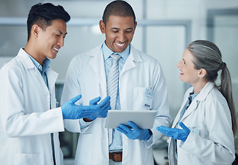 Image showing Scientist, smile and tablet teamwork in science laboratory for medical research, collaboration and training achievement. Mature woman, mentor or technology for healthcare and genetic engineering help