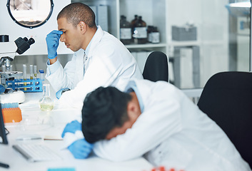 Image showing Science, sleeping man and lab scientist burnout, mental health anxiety or depressed over crisis, fatigue or test fail. Laboratory, pain and person tired after research, overworked or overwhelmed