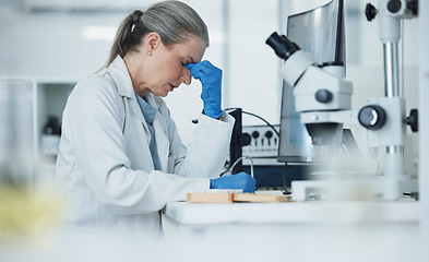 Image showing Senior woman, headache and stress from science research and work for medical analysis. Scientist, anxiety and laboratory expert with covid and healthcare fail for virus monitoring and clinic problem