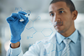 Image showing Scientist man, thinking and writing on glass, formula and study for chemical compound, engineer or idea. Science, research and brainstorming at board, mathematics and molecules for development in lab