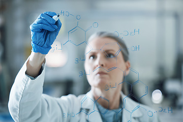 Image showing Research, solution and writing with woman in laboratory for medical, analysis and planning. Pharmacy, healthcare and medicine with scientist and brainstorming for chemistry, science and vaccine