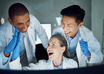 Image showing Science, high five and happy scientist, people or diversity group celebrate lab success, results or achievement. Partnership, cheers and laboratory staff collaboration, teamwork and congratulations