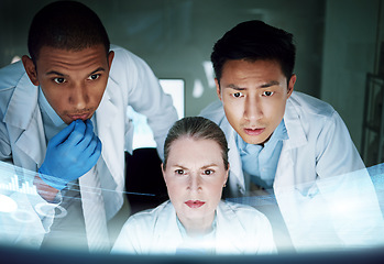 Image showing Science, research and team at computer screen hologram, dashboard information and innovation. Scientist thinking, men and woman with holographic info, medical study results or data collaboration.