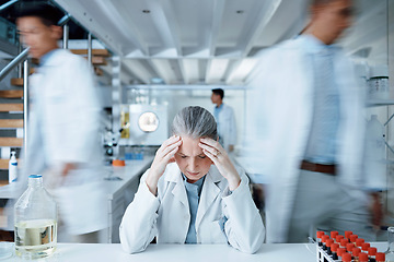 Image showing Headache, laboratory scientist or frustrated woman overwhelmed with busy lab, anxiety or depression crisis. Pain, motion blur or senior person stress over science mistake, healthcare risk or migraine