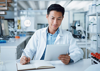 Image showing Person, tablet and notebook writing in laboratory for medical virus research, science and medicine development. Asian scientist, technology and book paper for blood sample healthcare or wellness