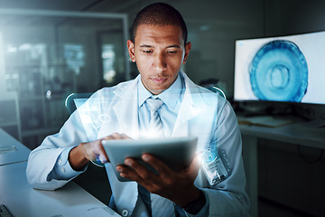 Image showing Tablet, hologram and scientist work with digital innovation, data and 3d overlay in laboratory. African man, doctor and information technology for futuristic medical research with pharma healthcare