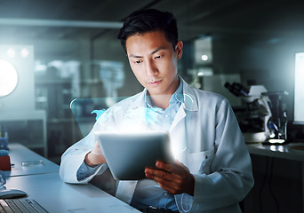 Image showing Tablet, hologram and scientist with digital innovation, global data and 3d overlay in laboratory. Asian man, doctor and information technology for futuristic medical research with healthcare study