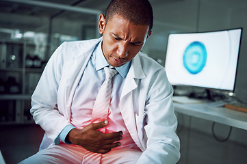 Image showing Scientist man, lab and stomach ache with pain, stress or worry in night for health, inflammation and red overlay. Science worker, digestion problem and hand on abdomen for emergency in laboratory