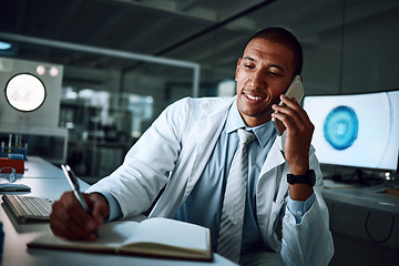 Image showing Doctor, phone call and notes in a laboratory of a man with conversation and science research. Healthcare, professional and innovation communication with paperwork and documents of scientist worker