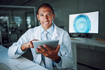 Image showing Tablet, report and scientist portrait with digital innovation, data and online in laboratory. African man, doctor and information technology for futuristic medical research with pharma healthcare